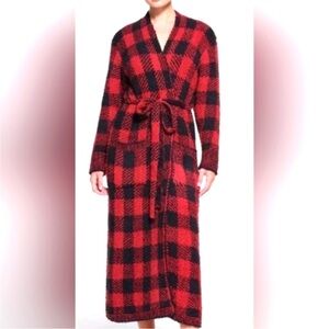 NWT SKIMS Robe Red Black Brick Buffalo Check Cozy Loungewear unisex size S/M